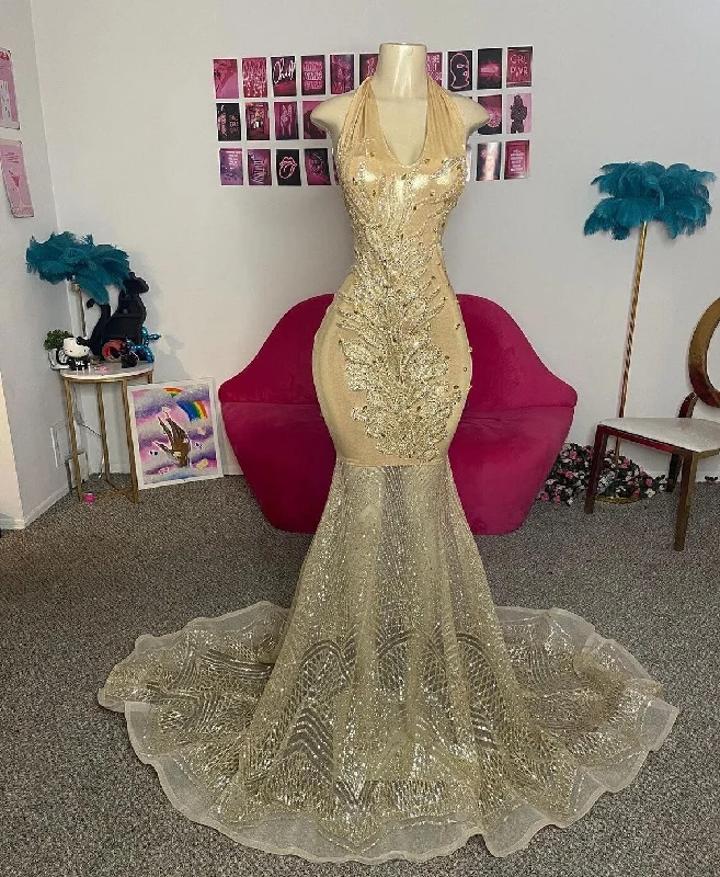 Gold spandex and mesh crystal prom dress