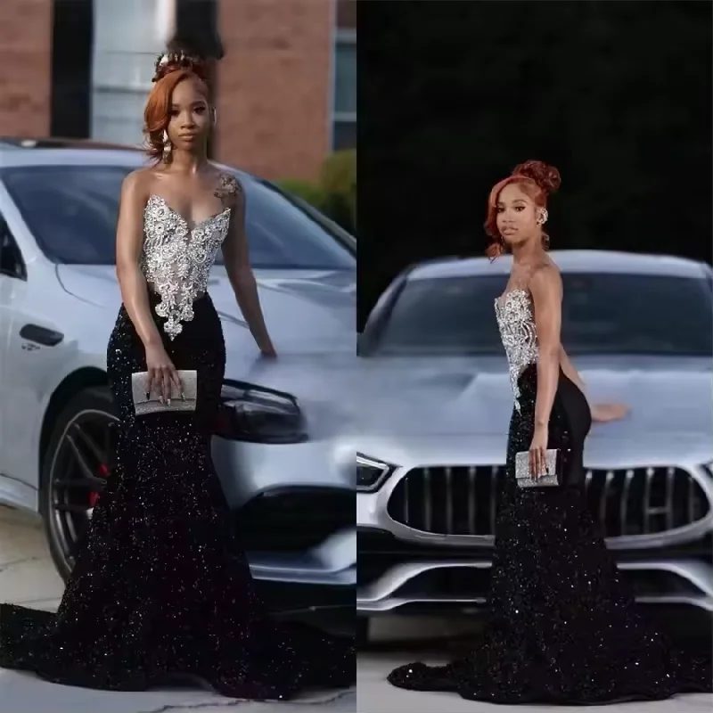 Sparkly Black Sweetheart Diamonds Long Mermaid Prom Dresses Glitter Crystal Beading Sequins Evening Gown Robe Customized Sparkly Black Sweetheart Diamonds Long Mermaid Prom Dresses Glitter Crystal Beading Sequins Evening Gown Robe Customized