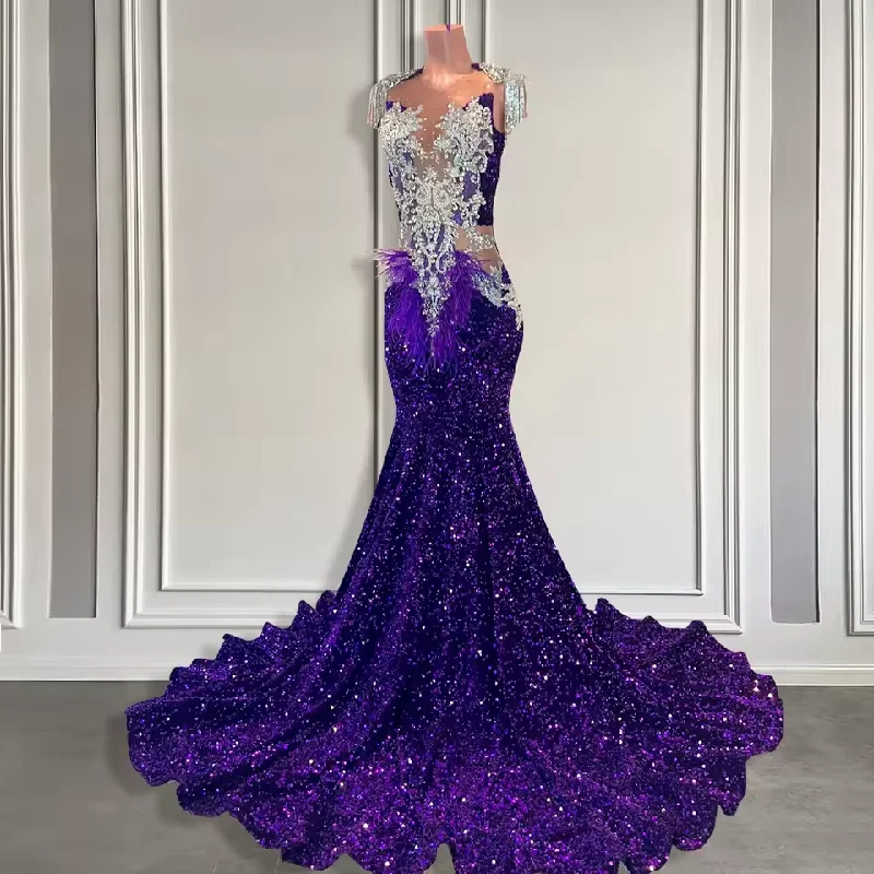 Long Purple Sequin Prom Dresses for Black Girls Cut Out Luxury Beaded Crystal Feather Mermaid Prom Gala Gowns Customized Long Purple Sequin Prom Dresses for Black Girls Cut Out Luxury Beaded Crystal Feather Mermaid Prom Gala Gowns Customized