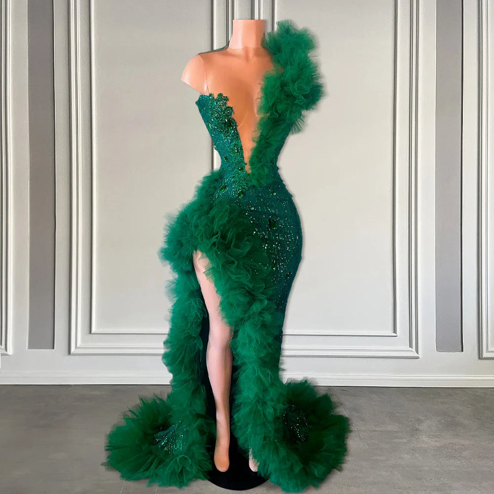 Green Long Prom Dresses For Black Girls Sexy Side Split Ruffle Mermaid Glitter Sequin Prom Formal Party Gowns Customized