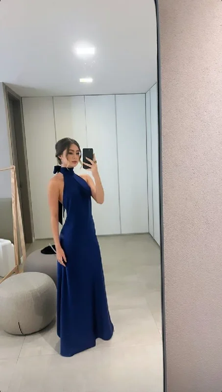 Sexy Navy Blue Halter Evening Dress Long Party Dress cc1679
