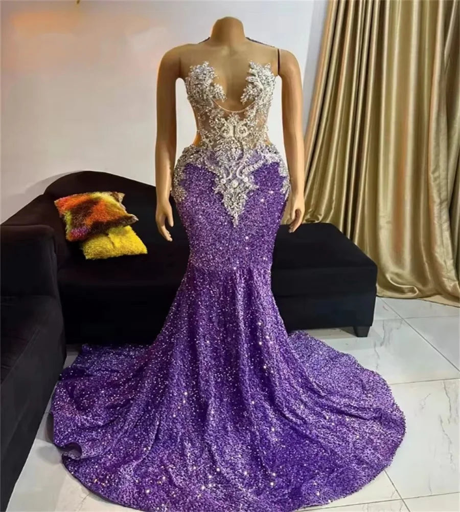 Stunning Purple Prom Dresses With Beaded Luxury Sequined Mermaid South African Evening Dress Elegant Birthday Party Sixteen Gown Stunning Purple Prom Dresses With Beaded Luxury Sequined Mermaid South African Evening Dress Elegant Birthday Party Sixteen Gown