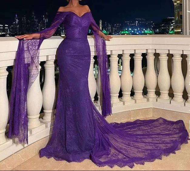 Classy Purple Lace Mermaid Evening Dress Long Party Prom Dress cc1746