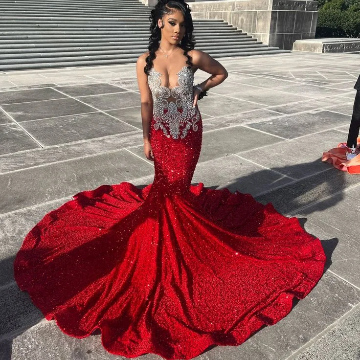 red mermaid prom dress long sequined dresses