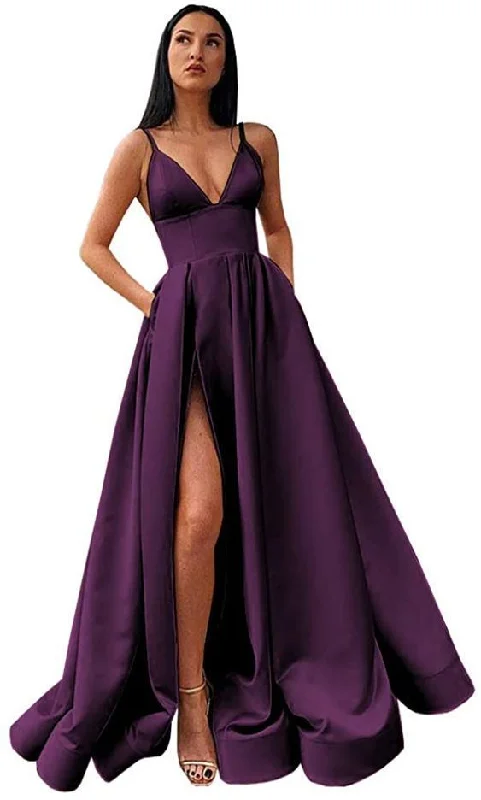 V-Neck Slit Satin Long Prom Dress Spaghetti Strap Evening Ball Gown with Pockets cg15264 V-Neck Slit Satin Long Prom Dress Spaghetti Strap Evening Ball Gown with Pockets cg15264