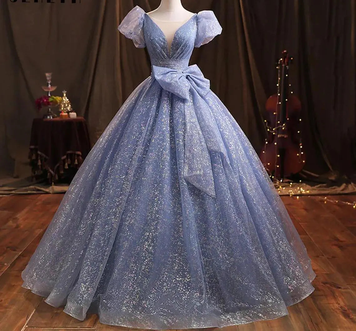 Ballgown, Prom Dress, Quinceanera Dress, Short Sleeves Ballgown, Blue Sparkly Ballgown Ballgown, Prom Dress, Quinceanera Dress, Short Sleeves Ballgown, Blue Sparkly Ballgown