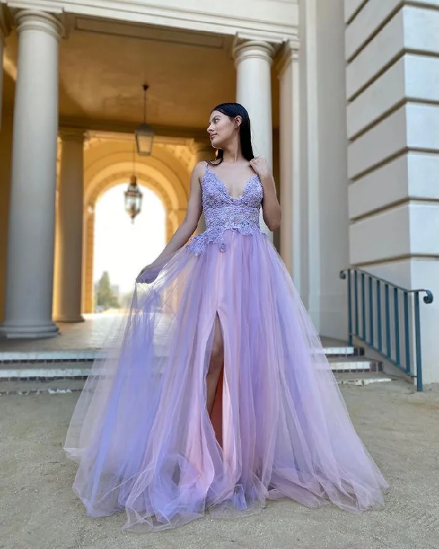 Charming V-Neck Appliques A-Line Prom Dresses With Split    cg15537