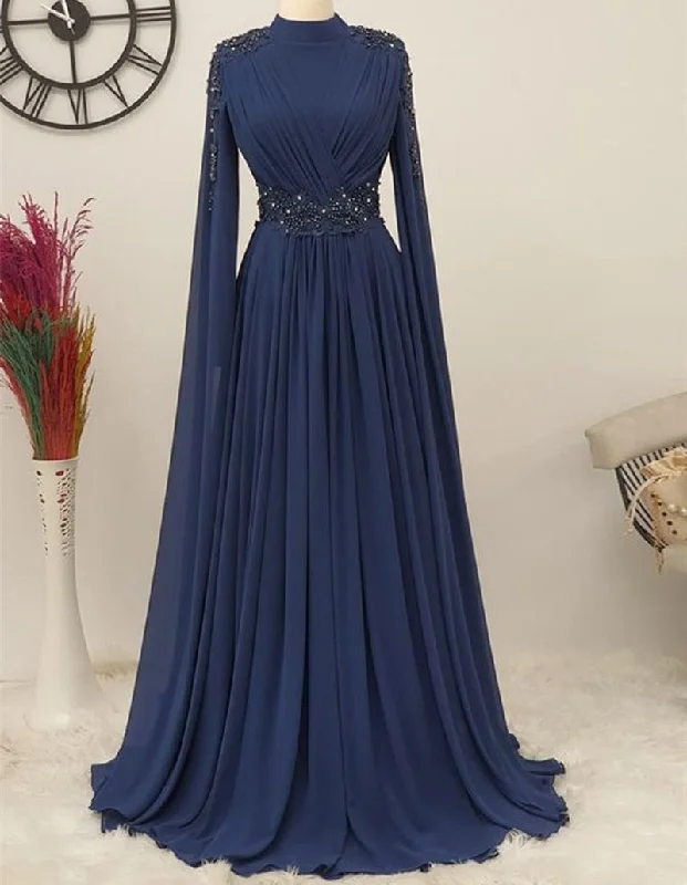 High Neck Long Sleeve Muslim Evening Dresses Women Beading Sash Arab Formal Evening Gowns High Neck Long Sleeve Muslim Evening Dresses Women Beading Sash Arab Formal Evening Gowns