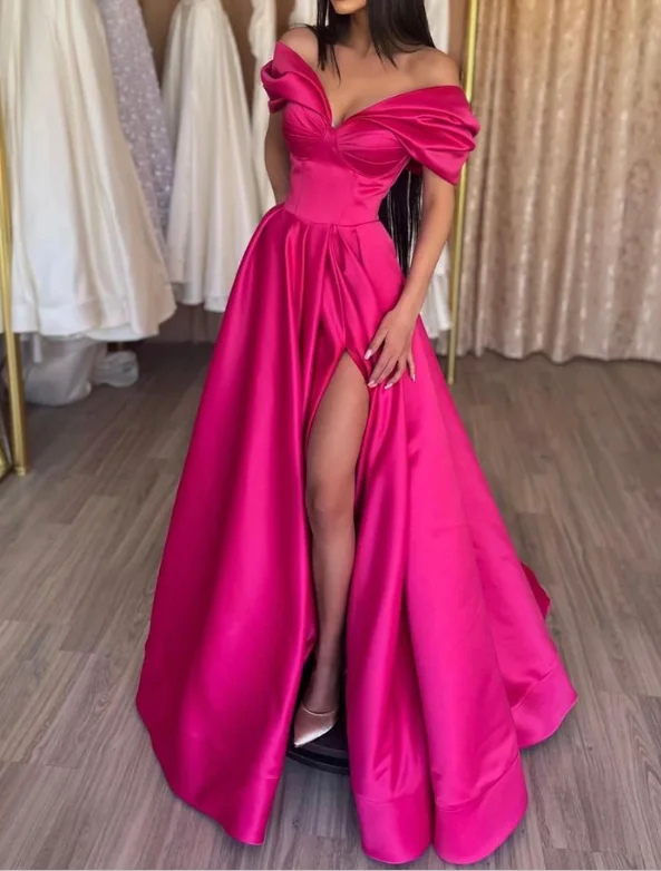 Chic Pleated Off Shoulder Slit Evening Dress Hot Pink A Line Party Prom Dress cc1674 Chic Pleated Off Shoulder Slit Evening Dress Hot Pink A Line Party Prom Dress cc1674