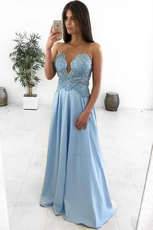 A-Line Illusion Round Neck Light Blue Satin Prom Dress with Appliques   cg15254