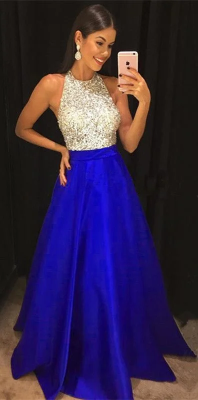 Royal Blue Prom Dresses 2021 Sequins Beaded Halter Satin Ball Gowns Floor Length cg15604 Royal Blue Prom Dresses 2021 Sequins Beaded Halter Satin Ball Gowns Floor Length cg15604