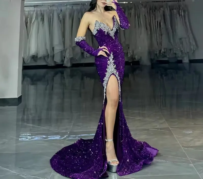 Eightale Purple Sequin Evening Dress With Gloves High Slit Beaded Sweetheart Prom Dress Dubai Formal Party Gown Customized Eightale Purple Sequin Evening Dress With Gloves High Slit Beaded Sweetheart Prom Dress Dubai Formal Party Gown Customized