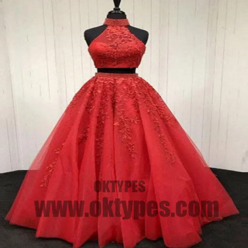 Red Two Piece Appliques Prom Dresses, Long Halter Lace Mermaid Prom Dresses, TYP0444 Red Two Piece Appliques Prom Dresses, Long Halter Lace Mermaid Prom Dresses, TYP0444