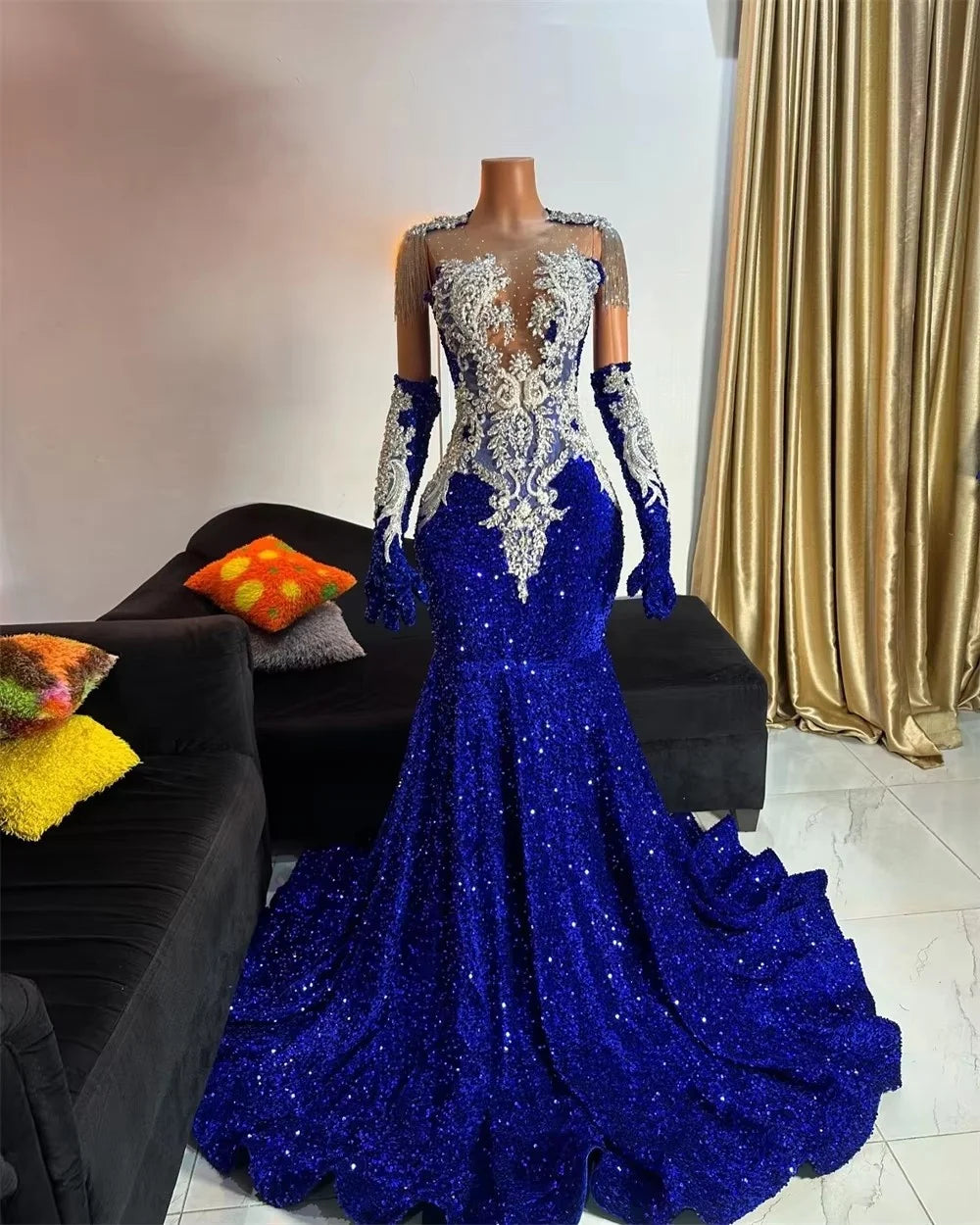 Luxury Royal Blue Sequin Mermaid Prom Dresses Crystal Beading Tassles With Gloves Mermaid African For Black Girl Luxury Royal Blue Sequin Mermaid Prom Dresses Crystal Beading Tassles With Gloves Mermaid African For Black Girl