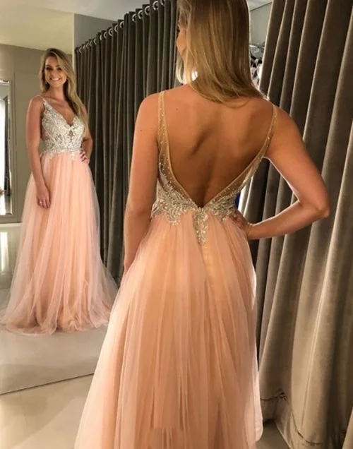 A-line V Neck Long Prom Dress,Open Back Prom Dress With Lace   cg15258