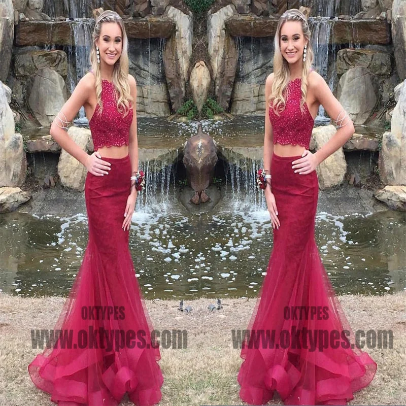 Red Two Piece Beading Prom Dresses, Halter Strap Tulle Prom Dresses, TYP0387