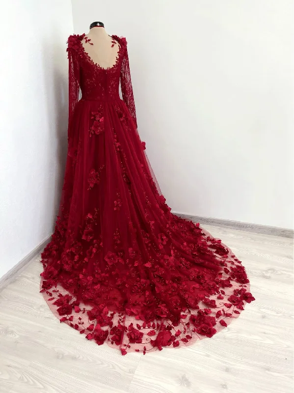 Red gothic 3D floral lace gown with a train, alternative fantasy blood red wedding dress Red gothic 3D floral lace gown with a train, alternative fantasy blood red wedding dress