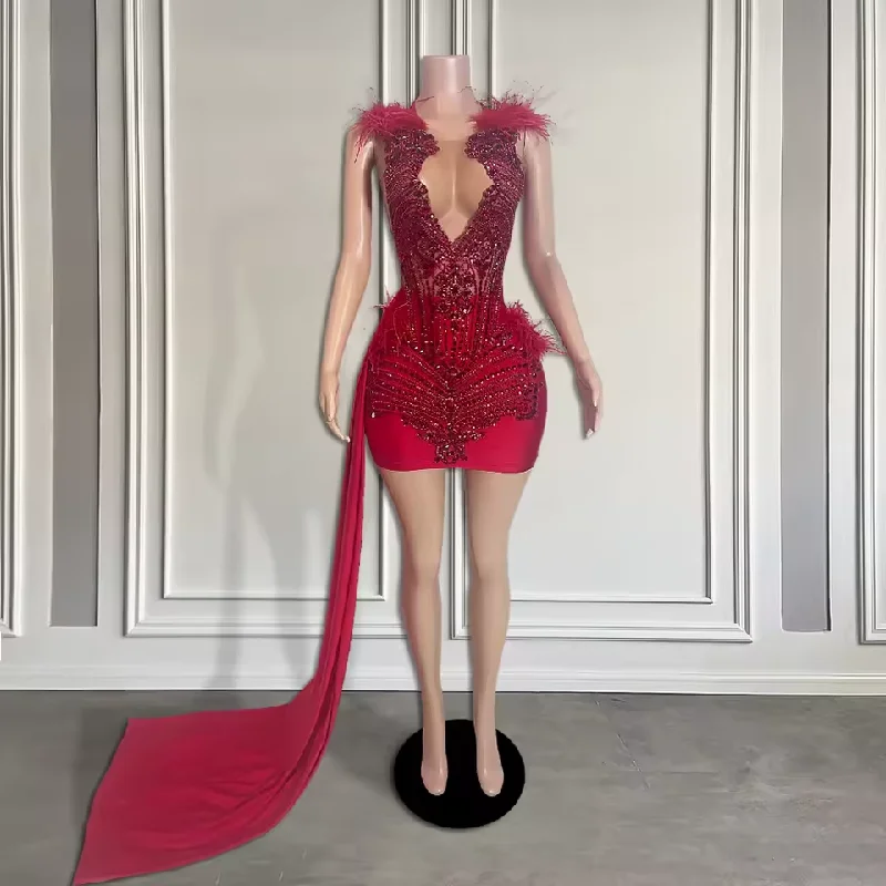 Luxury Red Diamond Short Prom Dress with Side Train Sexy Sheer Neck Feather Black Girl Birthday Party Homecoming Gown Customized Luxury Red Diamond Short Prom Dress with Side Train Sexy Sheer Neck Feather Black Girl Birthday Party Homecoming Gown Customized
