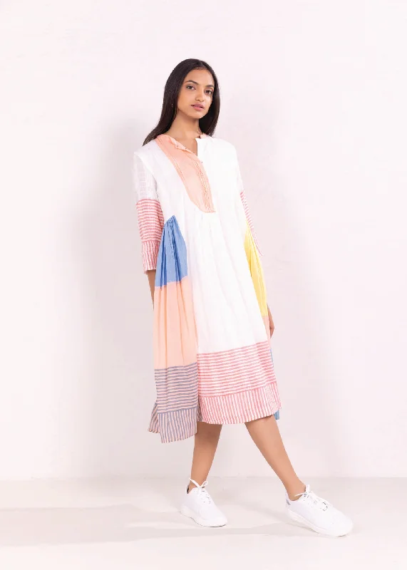 Multi Stripes Loose Cotton Drift Gather Dress