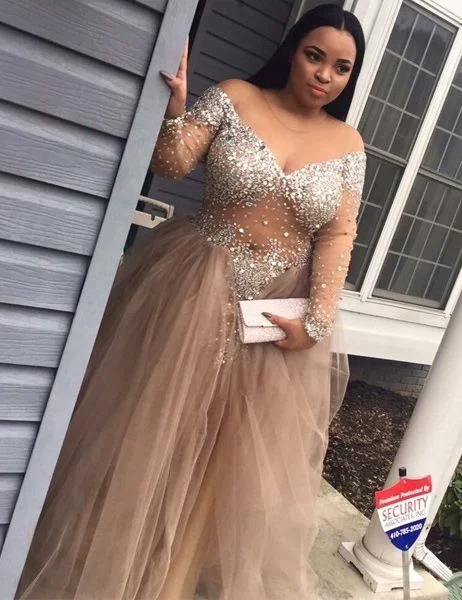 Modest Plus Size Black Girl Prom Dresses With Sleeves Beading Sheer Long Party Dress cg15390 Modest Plus Size Black Girl Prom Dresses With Sleeves Beading Sheer Long Party Dress cg15390