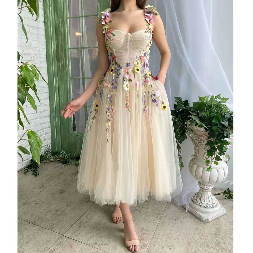 Elegant Floral Print Beige Flower Prom Dresses Exquisite Tulle Spaghetti Strap A-line Pure Pretty Pastrol Formal Birthday Party Elegant Floral Print Beige Flower Prom Dresses Exquisite Tulle Spaghetti Strap A-line Pure Pretty Pastrol Formal Birthday Party