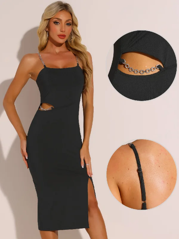 Chain Strap Sleeveless Backless Cut-Out Slit Midi Dress