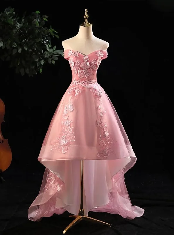 Cute Pink Off Shoulder High Low Tulle with Lace Party Dress, Pink Homecoming Dresses Cute Pink Off Shoulder High Low Tulle with Lace Party Dress, Pink Homecoming Dresses