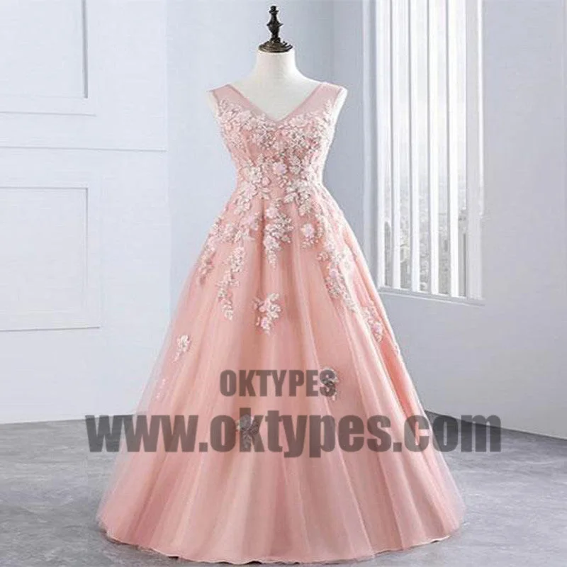 Pink Applique Long Prom Dresses V-Neck A-Line Evening Dresses, Ball Gown Prom Dresses, TYP0423 Pink Applique Long Prom Dresses V-Neck A-Line Evening Dresses, Ball Gown Prom Dresses, TYP0423