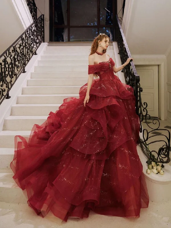 Glitter Off-Shoulder Evening Gown, Red Tulle Beaded Ball Gown Fairy Quinceanera Dress cc1702 Glitter Off-Shoulder Evening Gown, Red Tulle Beaded Ball Gown Fairy Quinceanera Dress cc1702