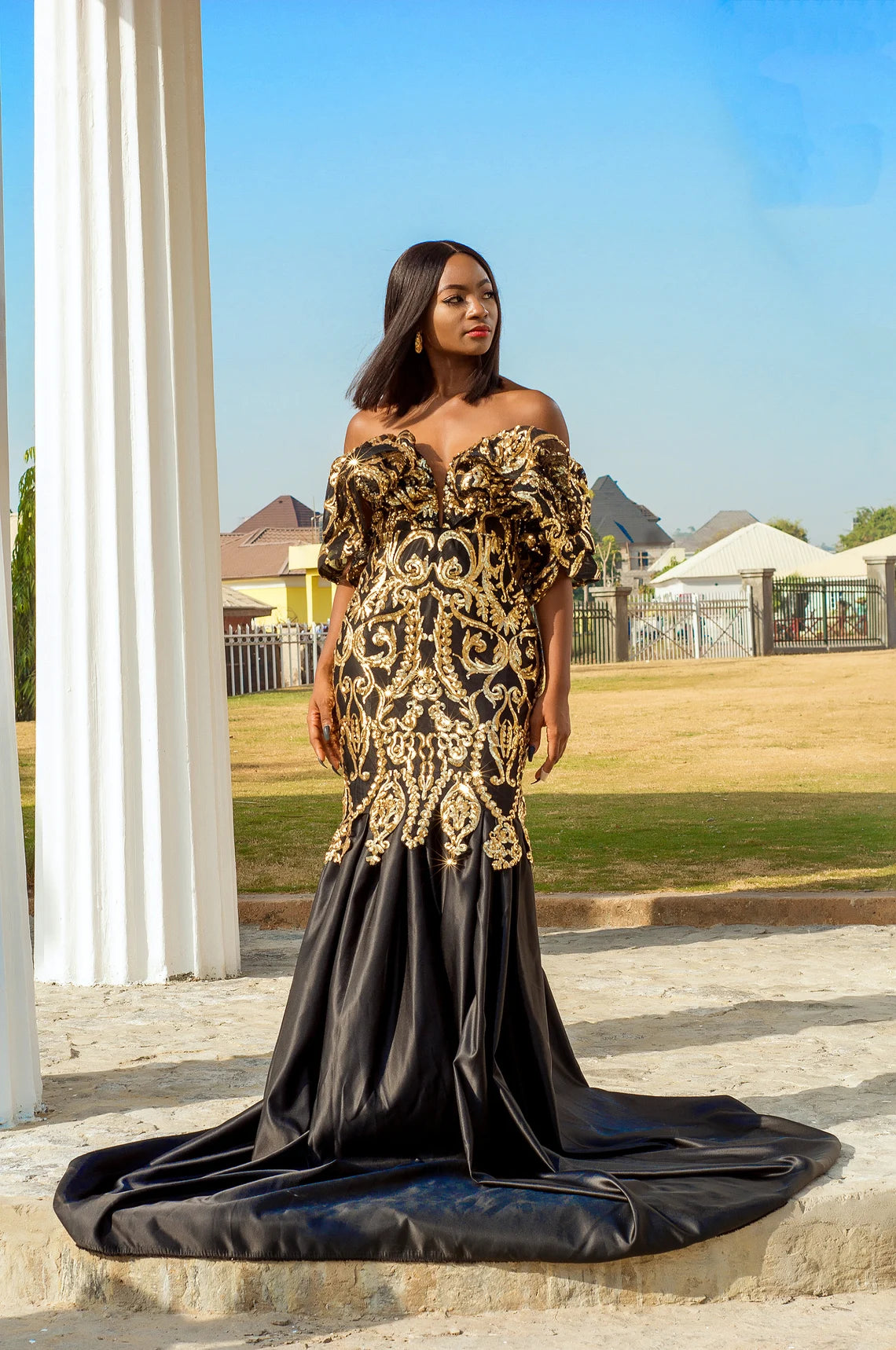 Black & Gold Evening Gown with Mermaid Train, Gold Dresses for Events, Elegant Off-Shoulder Black and Gold Mermaid Dress