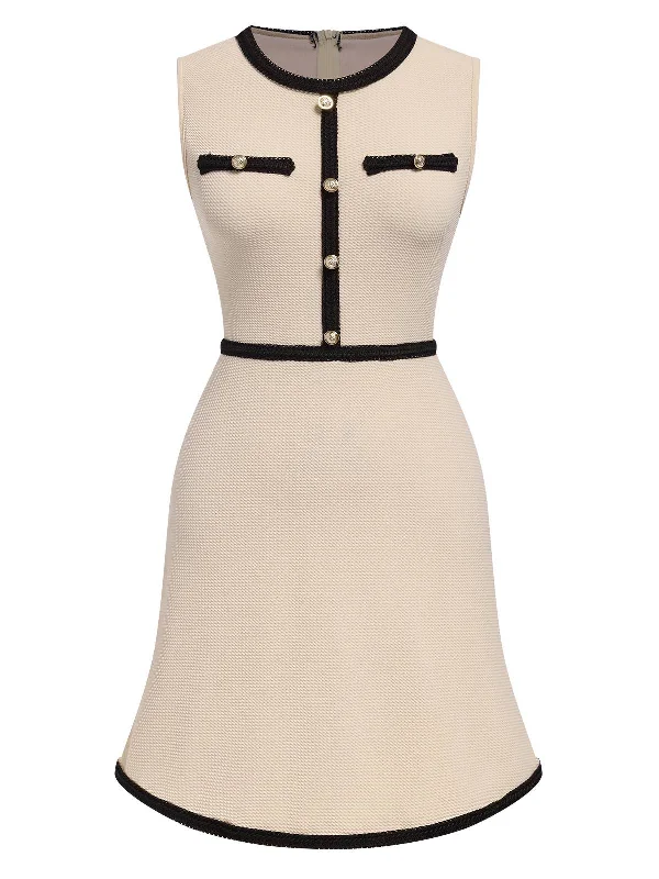 Beige 1970s Contrast Binding Sleeveless Dress