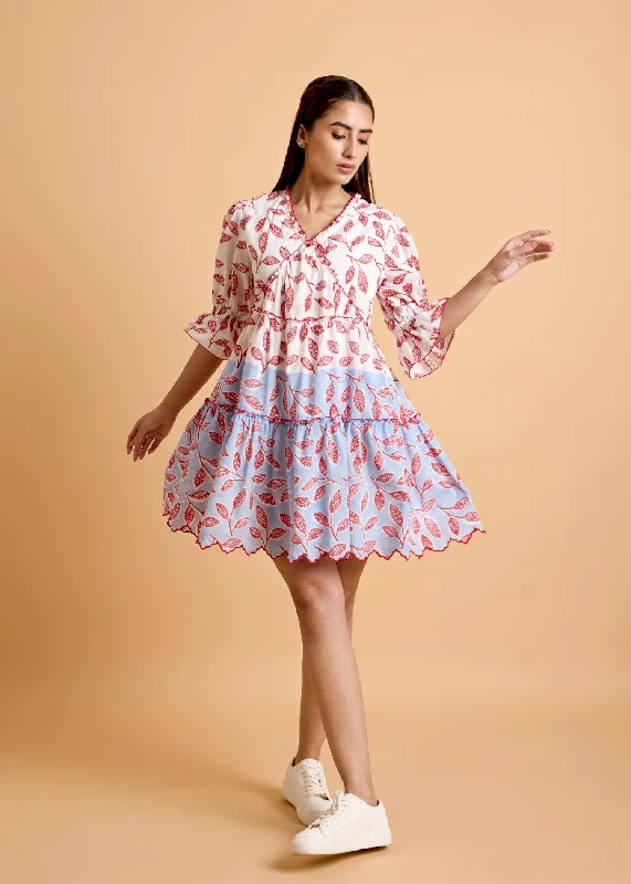 Red & Blue Tier Dress with Puff Sleeve