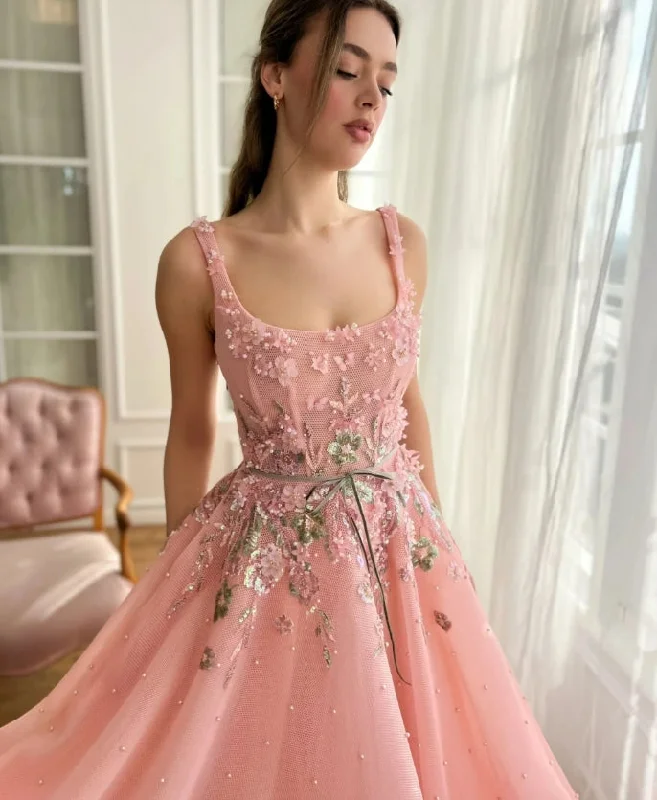 Rose Pink Evening Dress Fashion Pearls Flowers A Line Special Occasions Square Neck Customized Women Party Prom Gown Zipper Back