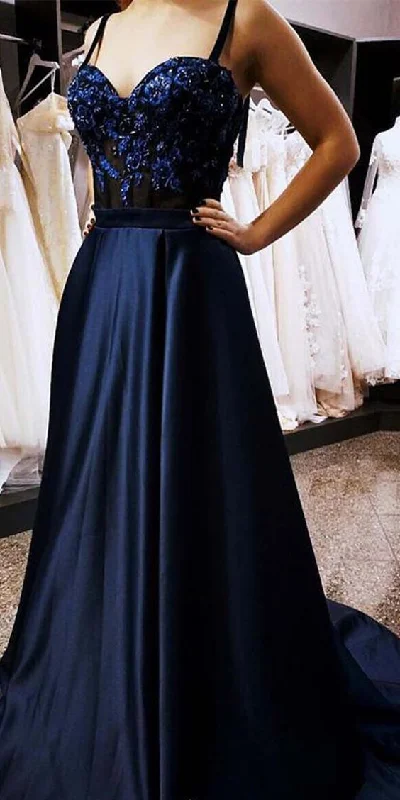 Navy Blue Satin Appliques A Line Straps Prom Dresses   cg15318