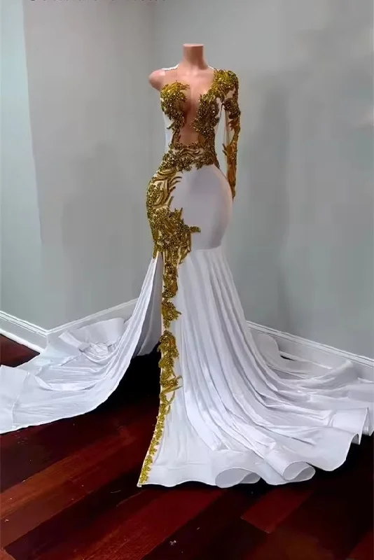 White Mermaid Prom Dresses Black Girls Gold Beads Crystal Split One Shoulder Long Sleeves Birthday Luxury Dress Customized White Mermaid Prom Dresses Black Girls Gold Beads Crystal Split One Shoulder Long Sleeves Birthday Luxury Dress Customized