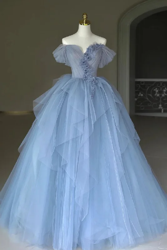 Blue Tulle Appliques Long Prom Dress, Off the Shoulder Evening Dress Ball Gown cc1695 Blue Tulle Appliques Long Prom Dress, Off the Shoulder Evening Dress Ball Gown cc1695