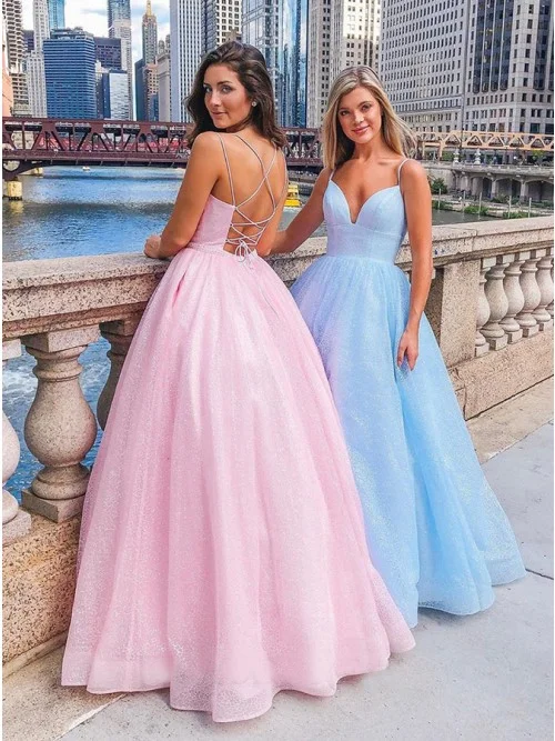 Chic A-line Spaghetti Straps Pink Long Prom Dresses Evening Dress GKS206
