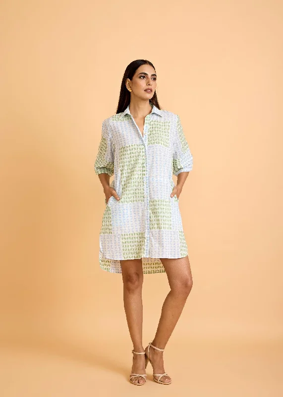 Green & Blue Jali Shirt Dress