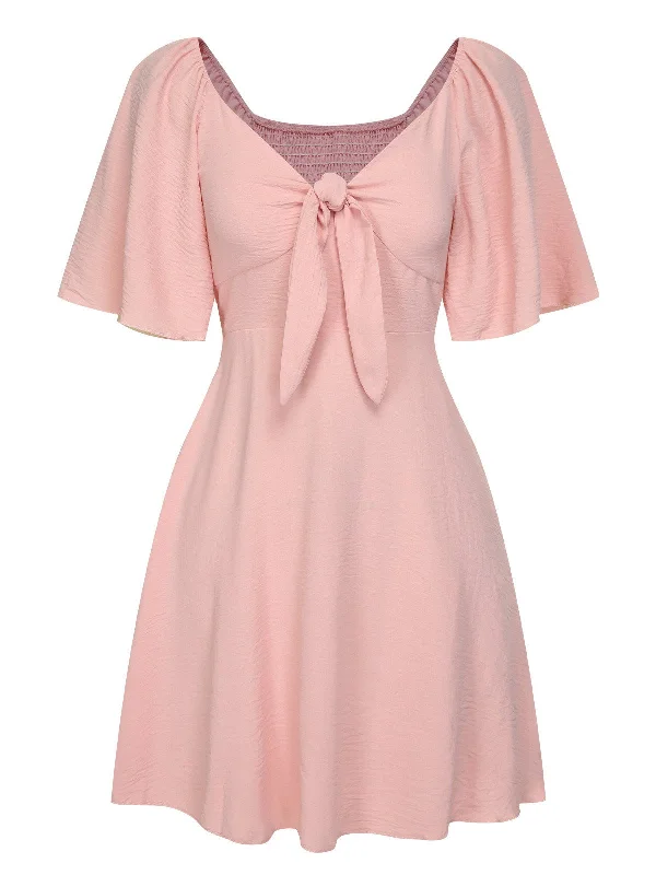 1970s V-Neck Bow Tie Ruffle Sleeves Dress
