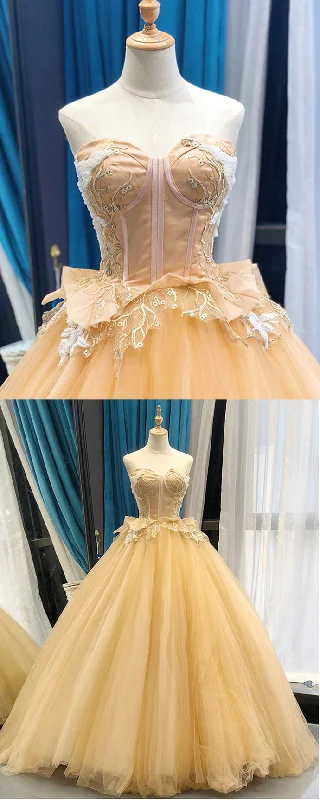Yellow Tulle Sweetheart Neck Lace Applique A Line Sweet 16 Prom Dress, Quinceanera Dress cg15345 Yellow Tulle Sweetheart Neck Lace Applique A Line Sweet 16 Prom Dress, Quinceanera Dress cg15345
