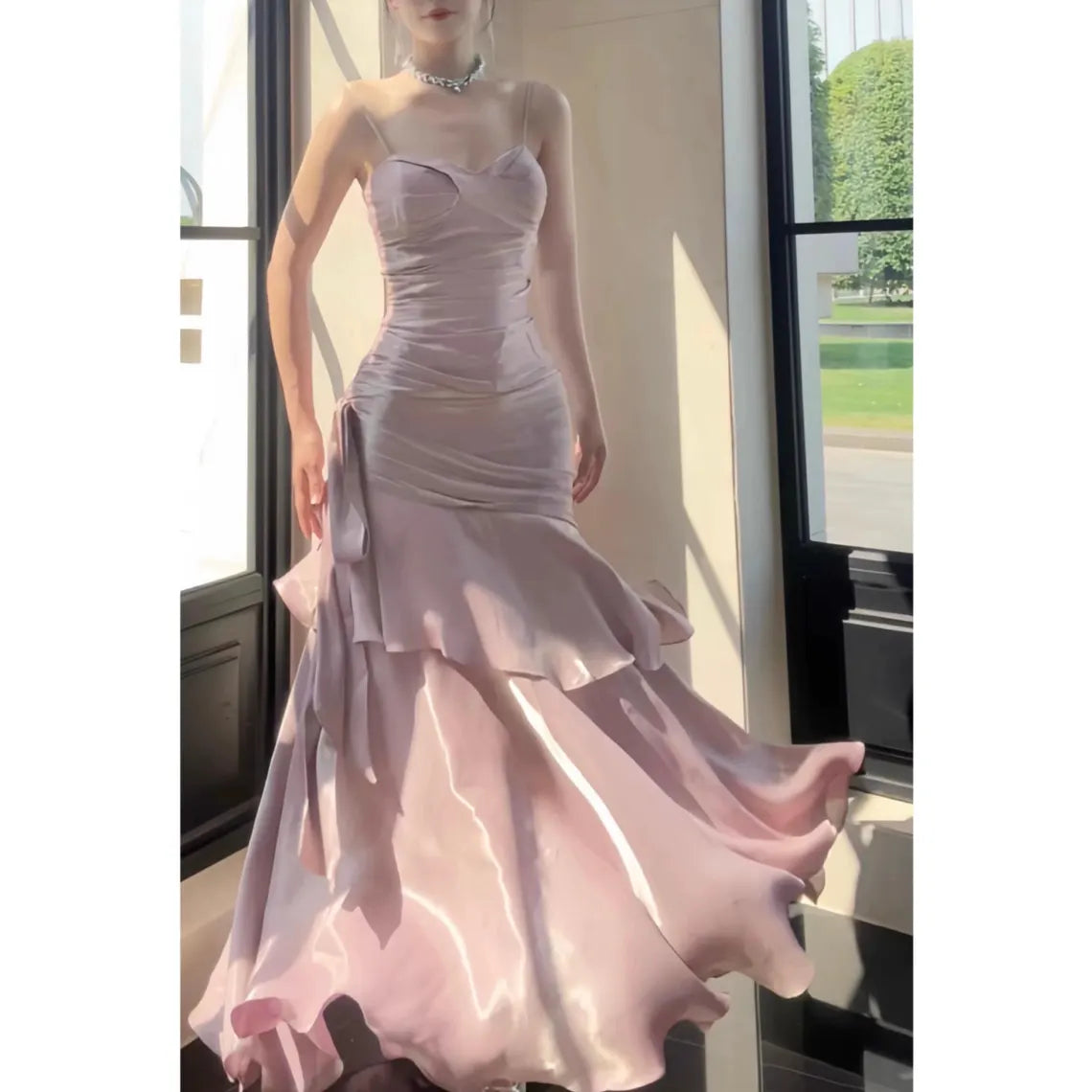 Luxury Pink Satin Ruffle Wedding Dress, Dusty Rose Mermaid Layered Hem Gown, High-End Birthday Party, Elegant Vintage Formal Evening Dress Luxury Pink Satin Ruffle Wedding Dress, Dusty Rose Mermaid Layered Hem Gown, High-End Birthday Party, Elegant Vintage Formal Evening Dress