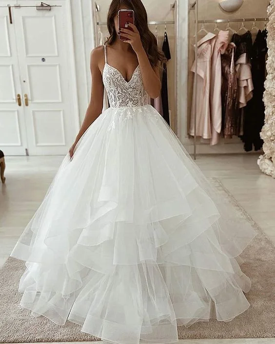 Spaghetti Straps Ivory Lace Bodice Ruffled Prom Dress    cg15363