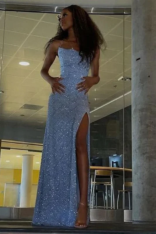 Shiny Spaghetti Strap Mermaid Sequin Long Evening Prom Dress Slit Party Dress cc1689 Shiny Spaghetti Strap Mermaid Sequin Long Evening Prom Dress Slit Party Dress cc1689