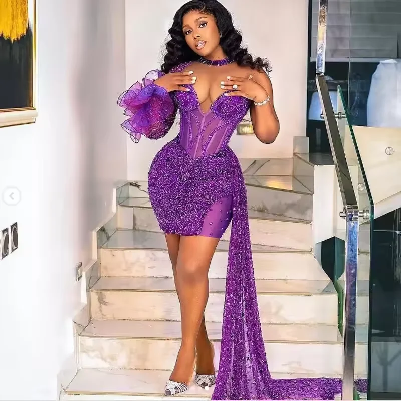 Elegant Purple Sequins Beaded Short Prom Dress with Side Train Black Girls Women's Dresses Sheer V Neck Party Gowns Elegant Purple Sequins Beaded Short Prom Dress with Side Train Black Girls Women's Dresses Sheer V Neck Party Gowns