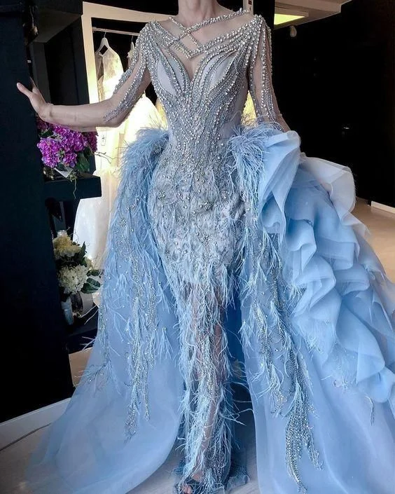luxury blue prom dresses with detachable skirt beaded crystal feather long sleeve elegant prom gown cg15393 luxury blue prom dresses with detachable skirt beaded crystal feather long sleeve elegant prom gown cg15393
