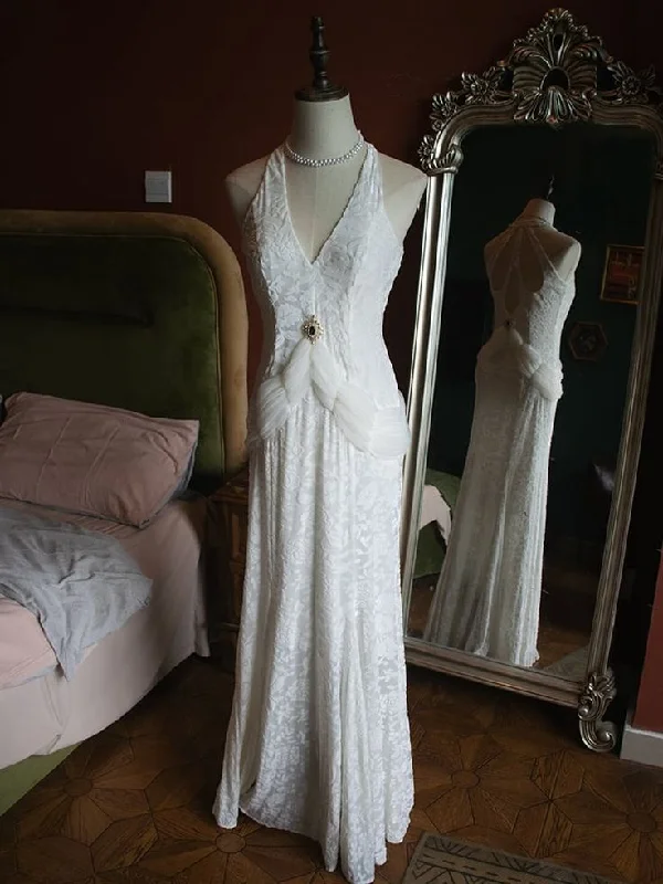Vintage White V-Neck Backless Lace Mermaid Evening Dress Elegant Prom Party Dress cc1764