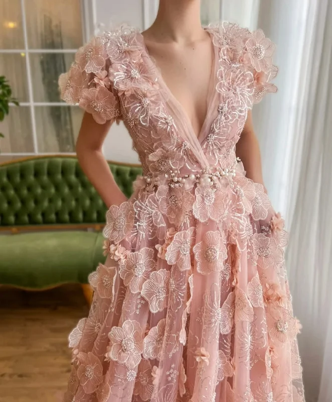 Rose Pink Lace 3D Flowers V Neck Prom Dress Pearls Evening Dresses Cocktail A-line Formal Events Customized Women Party Gown Rose Pink Lace 3D Flowers V Neck Prom Dress Pearls Evening Dresses Cocktail A-line Formal Events Customized Women Party Gown
