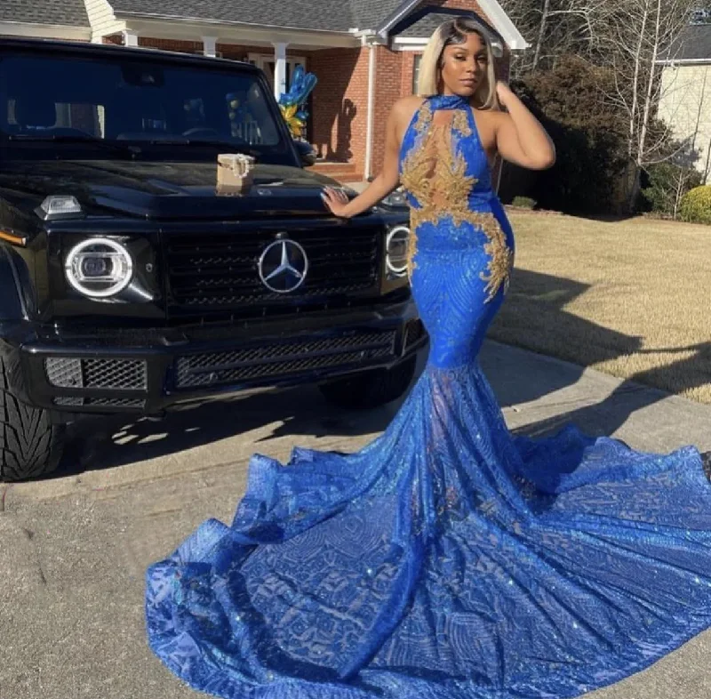 Sparkly Royal Blue Sequin Prom Dress Black Girls Luxury Mermaid Golden Bead Appliques Evening Party Gala Graduation Gown Sparkly Royal Blue Sequin Prom Dress Black Girls Luxury Mermaid Golden Bead Appliques Evening Party Gala Graduation Gown