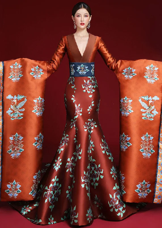 Fine Red V Neck Print Silk Fishtail Maxi Dresses Fall