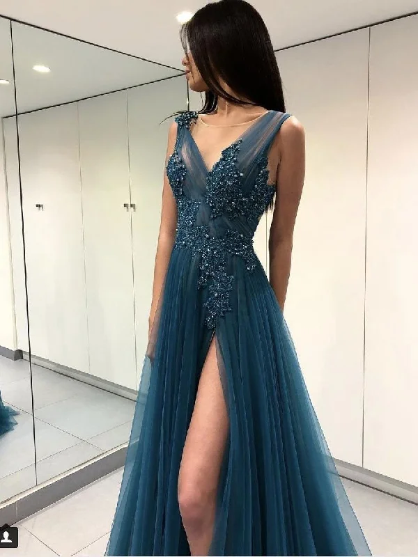 Long See Through Thigh Slit Blue Prom Dresses Backless Beaded Lace Prom Dresses, TYP1199 Long See Through Thigh Slit Blue Prom Dresses Backless Beaded Lace Prom Dresses, TYP1199